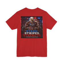 Load image into Gallery viewer, Fourth of July— "Stars. Stripes. Strength." USA Fitness Shirt