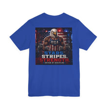 Load image into Gallery viewer, Fourth of July— "Stars. Stripes. Strength." USA Fitness Shirt
