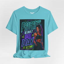 Cargar imagen en el visor de la galería, Motivational Fitness T-Shirt — "Progress Is Built One Day At A Time"