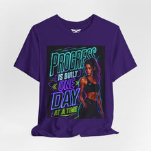 Cargar imagen en el visor de la galería, Motivational Fitness T-Shirt — "Progress Is Built One Day At A Time"