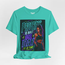 Cargar imagen en el visor de la galería, Motivational Fitness T-Shirt — "Progress Is Built One Day At A Time"