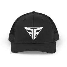 Cargar imagen en el visor de la galería, Retro Trucker Hat — Geometric Black Logo Mesh Cap