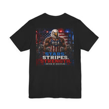 Load image into Gallery viewer, Fourth of July— "Stars. Stripes. Strength." USA Fitness Shirt