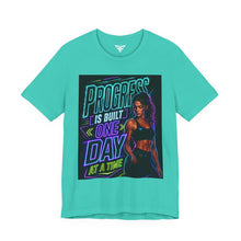 Cargar imagen en el visor de la galería, Motivational Fitness T-Shirt — "Progress Is Built One Day At A Time"