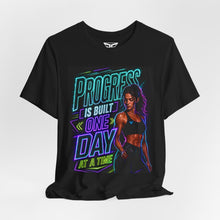 Cargar imagen en el visor de la galería, Motivational Fitness T-Shirt — "Progress Is Built One Day At A Time"