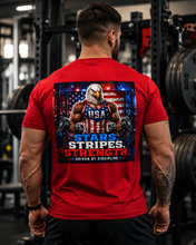 Load image into Gallery viewer, Fourth of July— "Stars. Stripes. Strength." USA Fitness Shirt