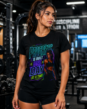 Cargar imagen en el visor de la galería, Motivational Fitness T-Shirt — "Progress Is Built One Day At A Time"